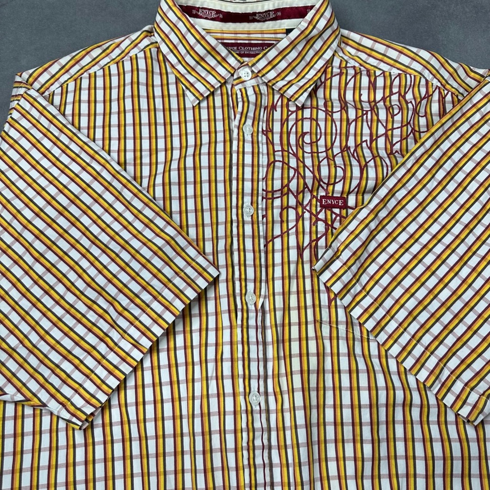 Enyce Button Up Shirt Mens XXL Yellow Burgundy Striped Embroidered Excellent